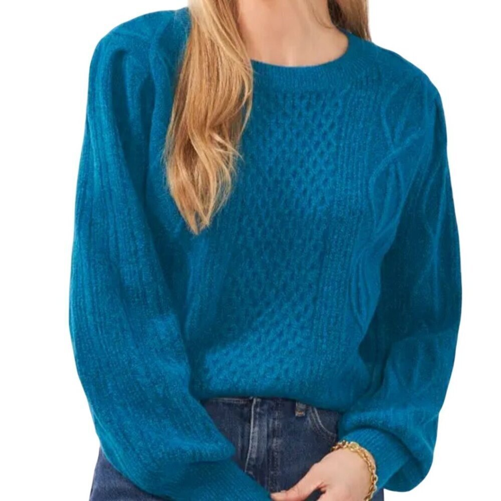 1. State NWT Variegated Cables Crew Sweater Teal Balloon Sleeve Size L